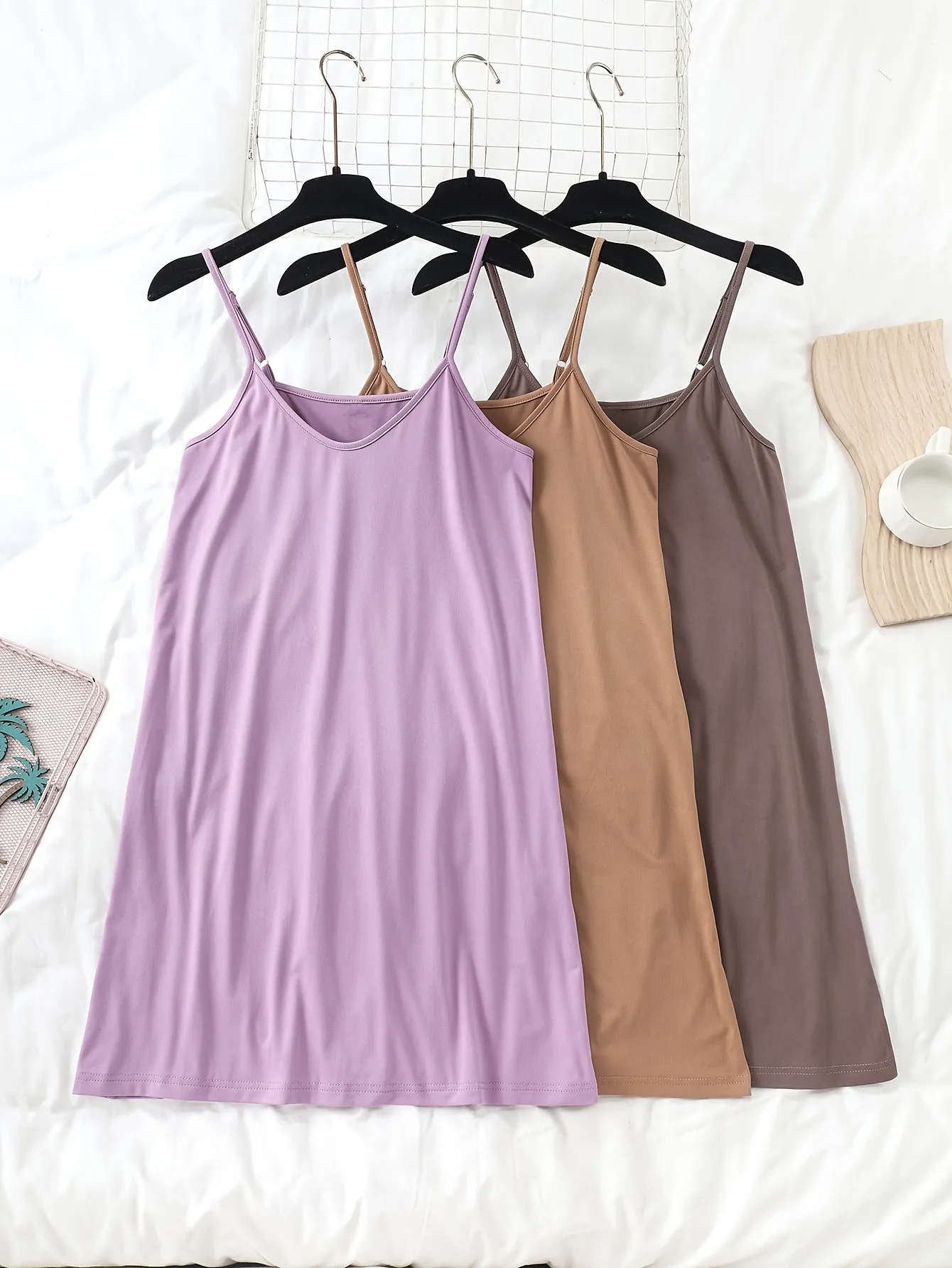 3pcs Women's Simple Solid Nightdress - Crew Neck Spaghetti Strap Sleep Dress
