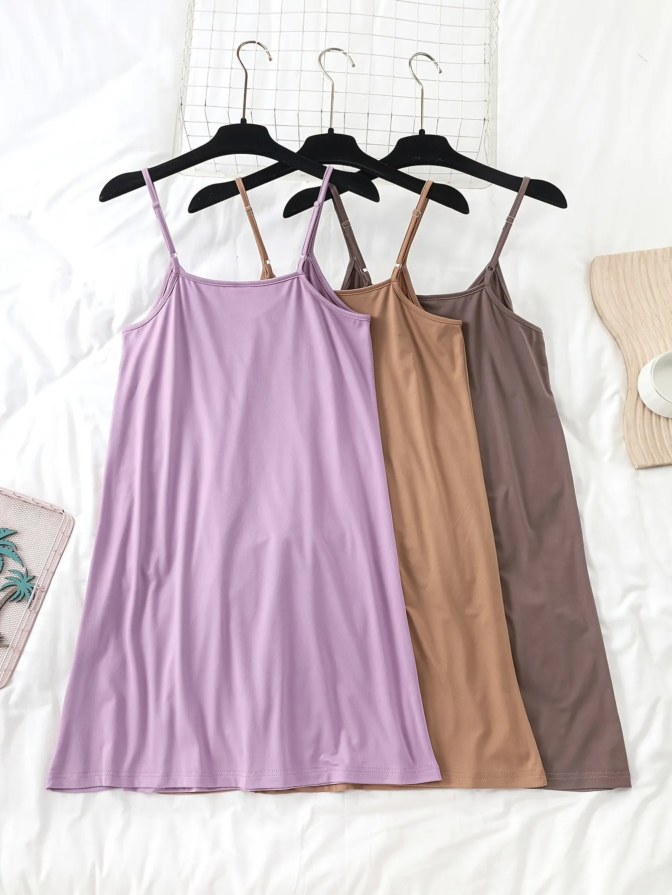 3pcs Women's Simple Solid Nightdress - Crew Neck Spaghetti Strap Sleep Dress