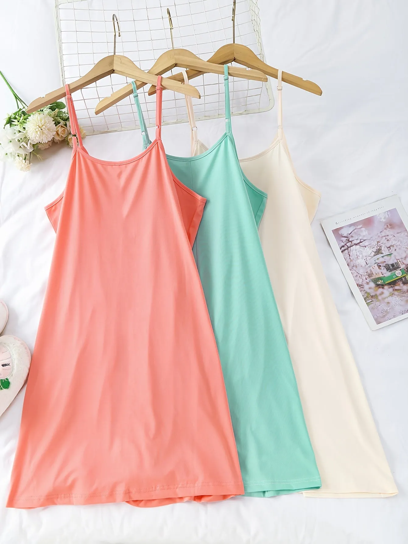 3pcs Women's Simple Solid Nightdress - Crew Neck Spaghetti Strap Sleep Dress