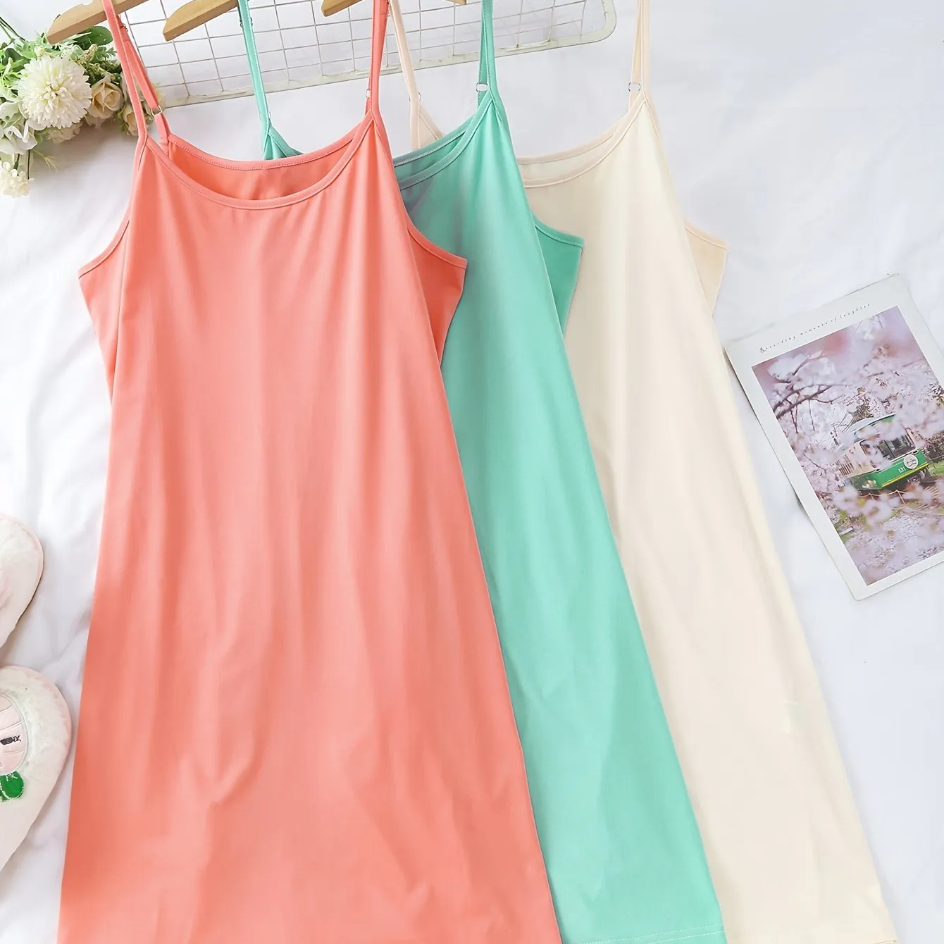 3pcs Women's Simple Solid Nightdress - Crew Neck Spaghetti Strap Sleep Dress