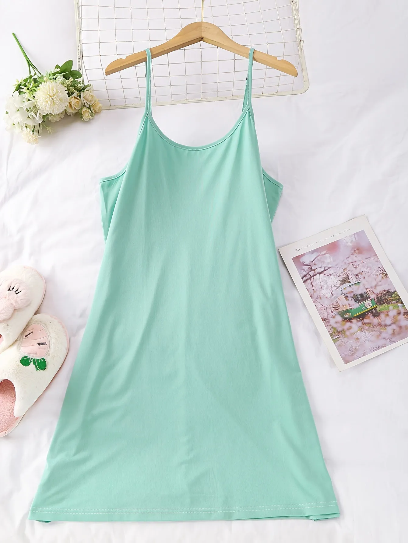 3pcs Women's Simple Solid Nightdress - Crew Neck Spaghetti Strap Sleep Dress