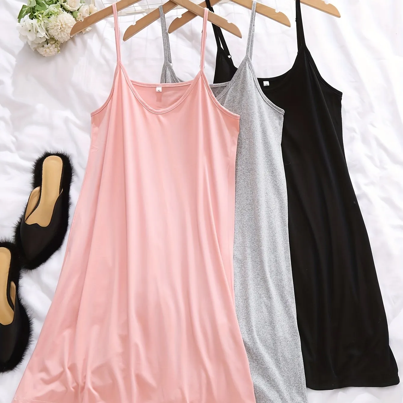 3pcs Women's Simple Solid Nightdress - Crew Neck Spaghetti Strap Sleep Dress