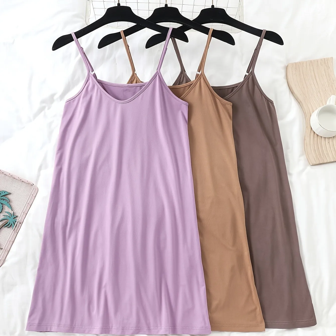 3pcs Women's Simple Solid Nightdress - Crew Neck Spaghetti Strap Sleep Dress