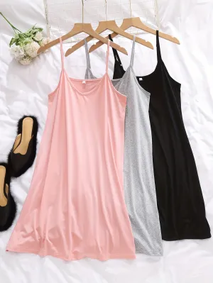 3pcs Women's Simple Solid Nightdress - Crew Neck Spaghetti Strap Sleep Dress