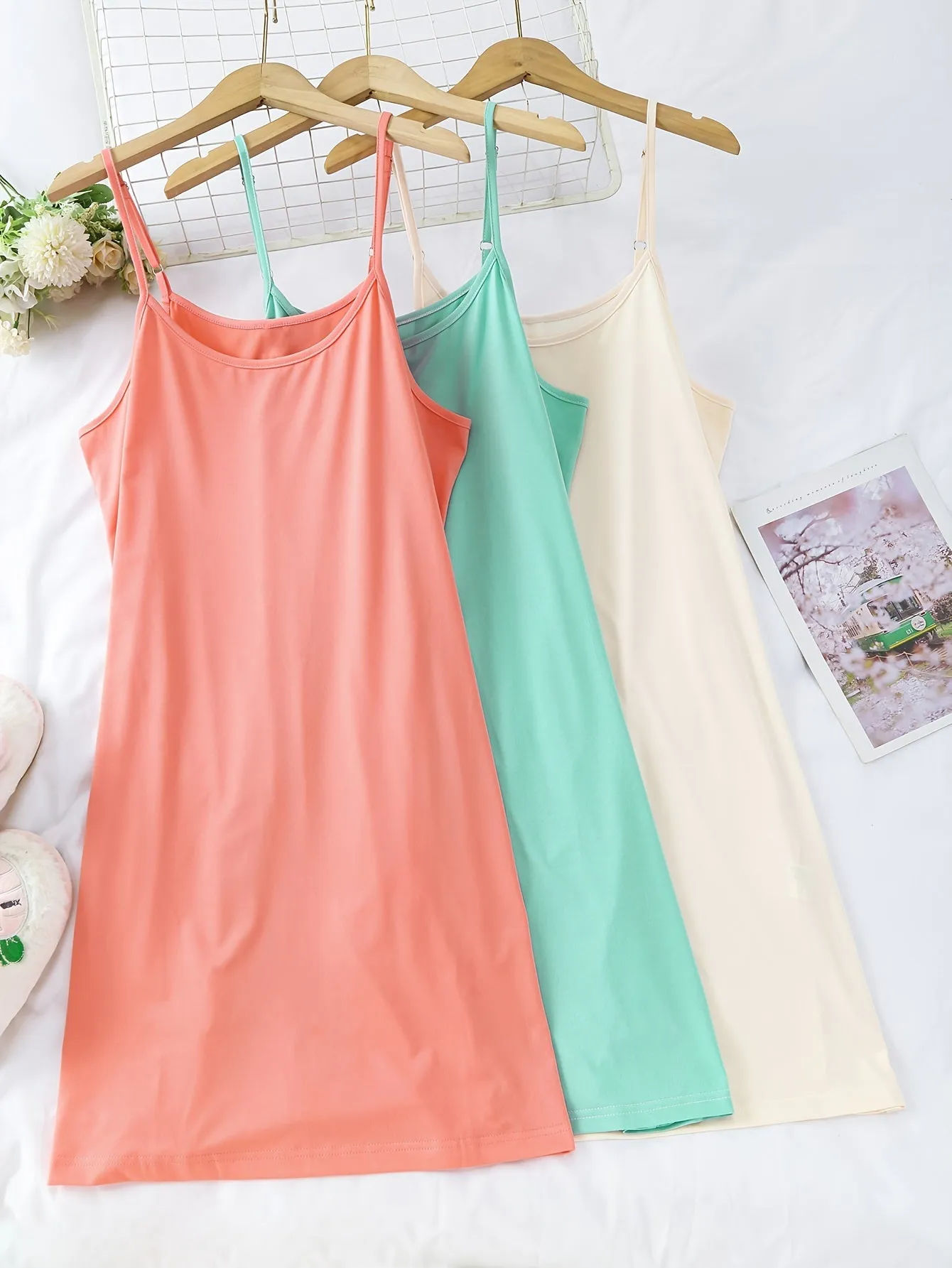3pcs Women's Simple Solid Nightdress - Crew Neck Spaghetti Strap Sleep Dress