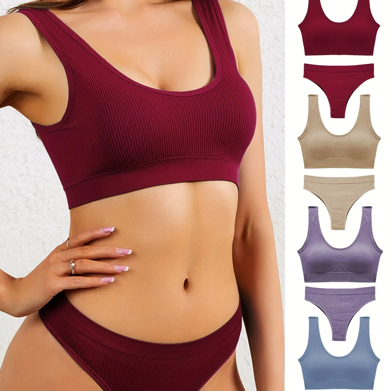 4-Pack Women's Ribbed Bra And Panty Set, Seamless, Wireless, Comfortable High Support Sport Style Lingerie - Available In Multiple Colors