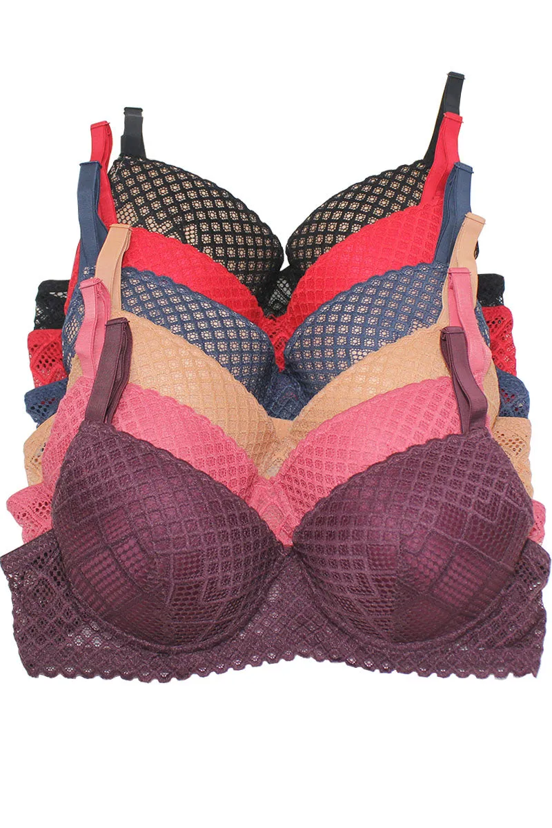 78290 6 Piece Symmetrical Mesh Underwire Lingerie Light Push Up B/C Bra C01