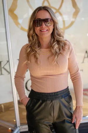 All In Long Sleeve Ribbed Stretch Knit Bodysuit in Tan
