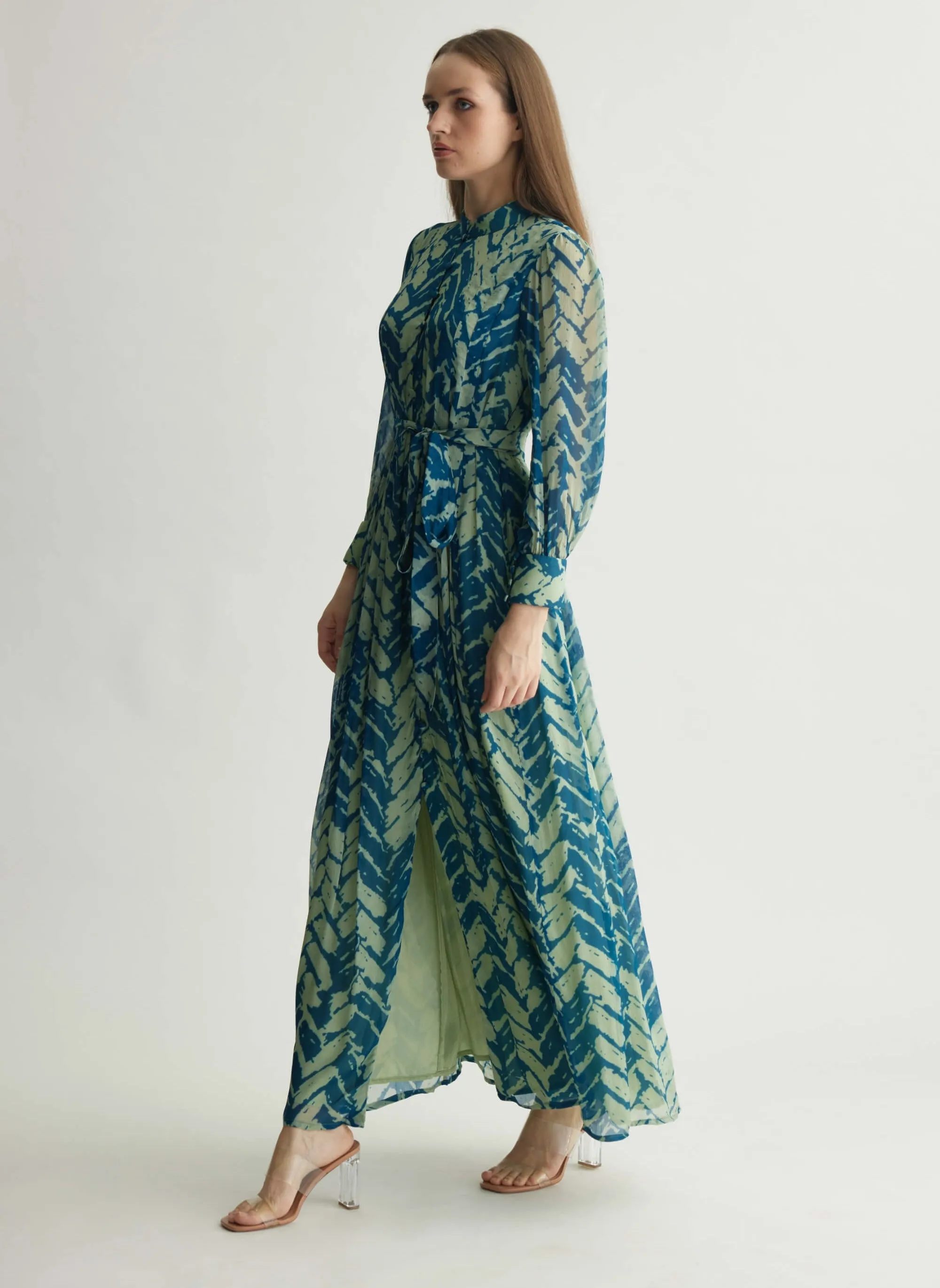 Aqua blue chevron print long dress
