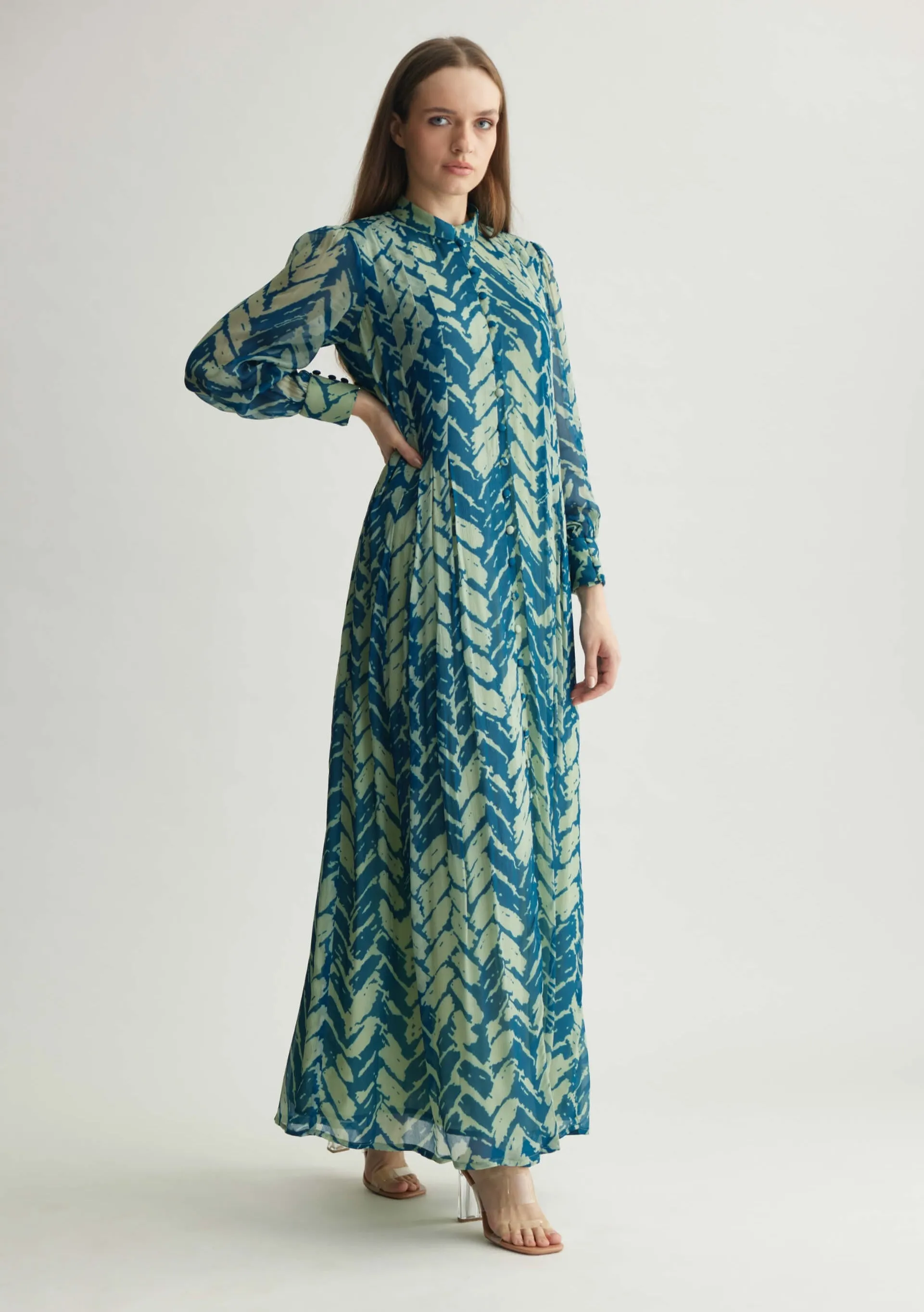 Aqua blue chevron print long dress