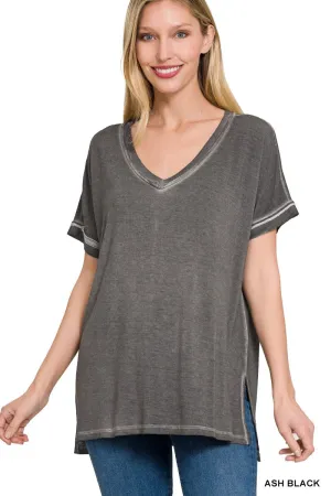 Ash Black Washed Short Sleeve V Neck Hi Low Hem Top 6/20/24 8697