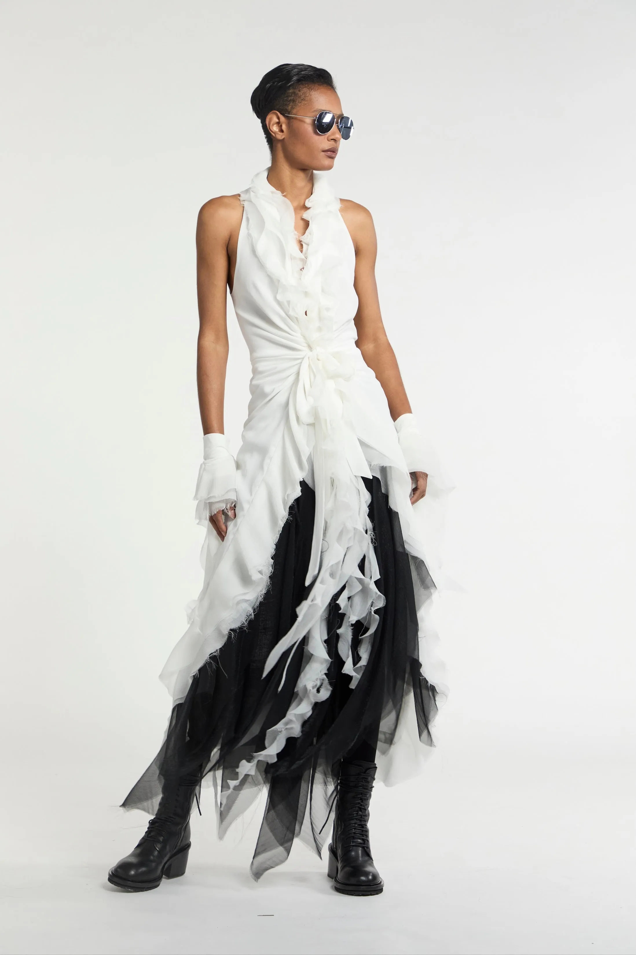 Atelier Urban Stretch Wrap Tie Ruffle Dress