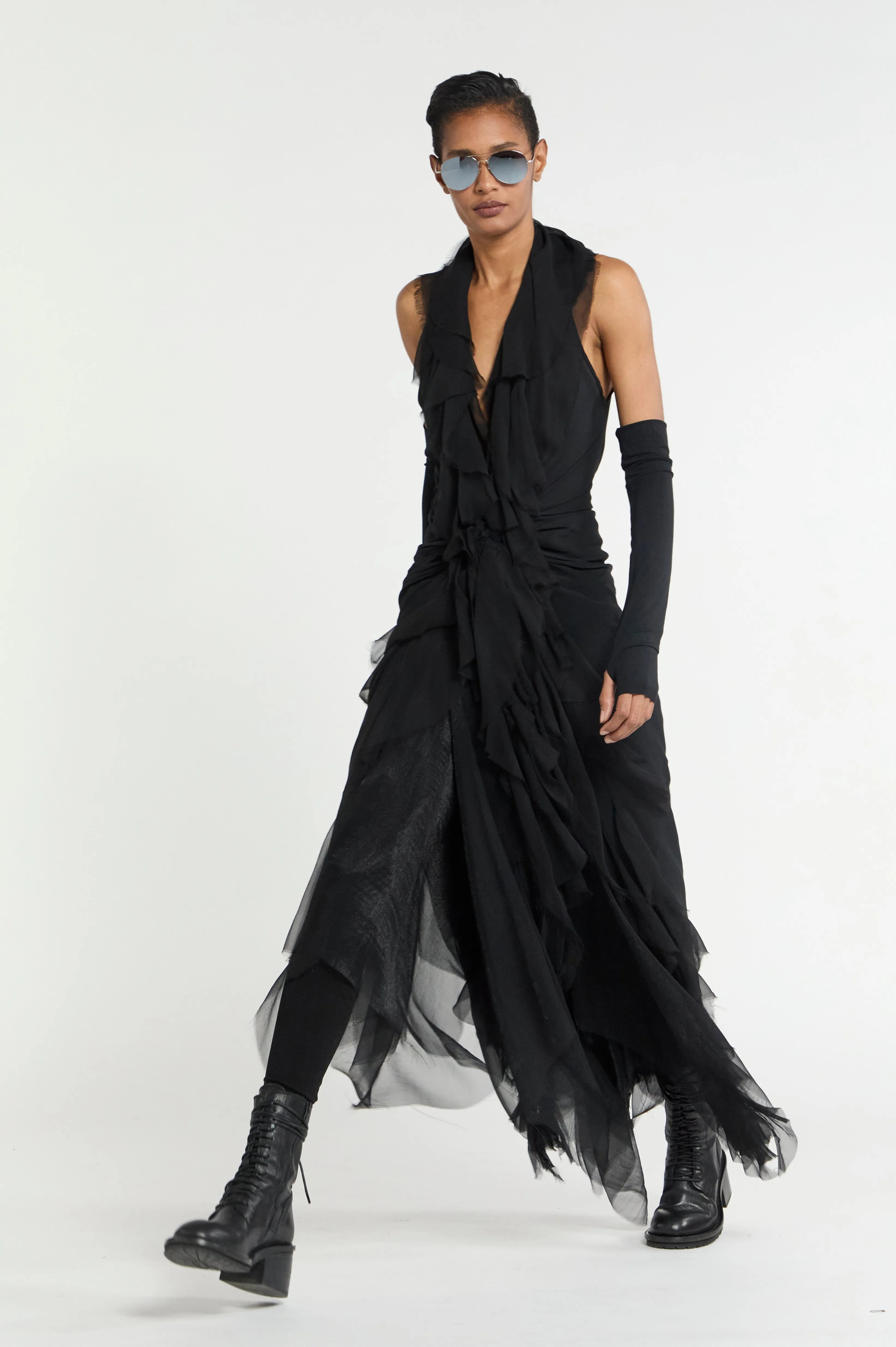 Atelier Urban Stretch Wrap Tie Ruffle Dress
