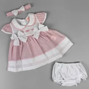 Baby Girl Pink Striped Summer Dress Set – Embroidered Front, Matching Headband & Knickers
