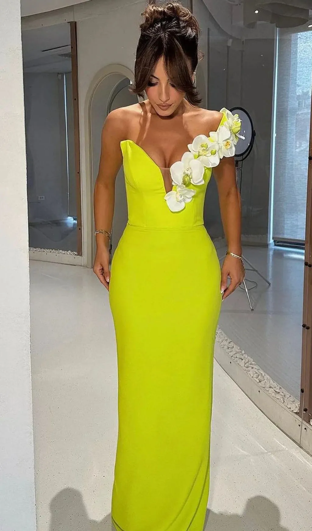 BandageDress elegant floral one-shoulder  maxi dress green