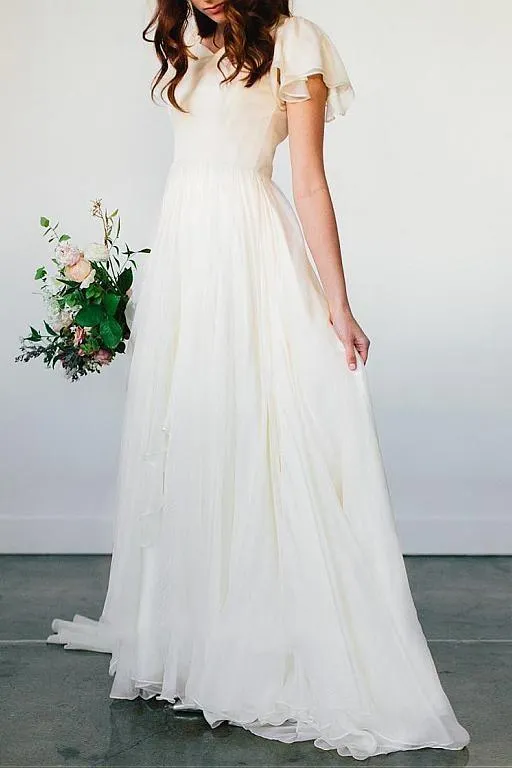 Beach Chiffon Wedding Dress with Short Sleeves vestido de novia de playa