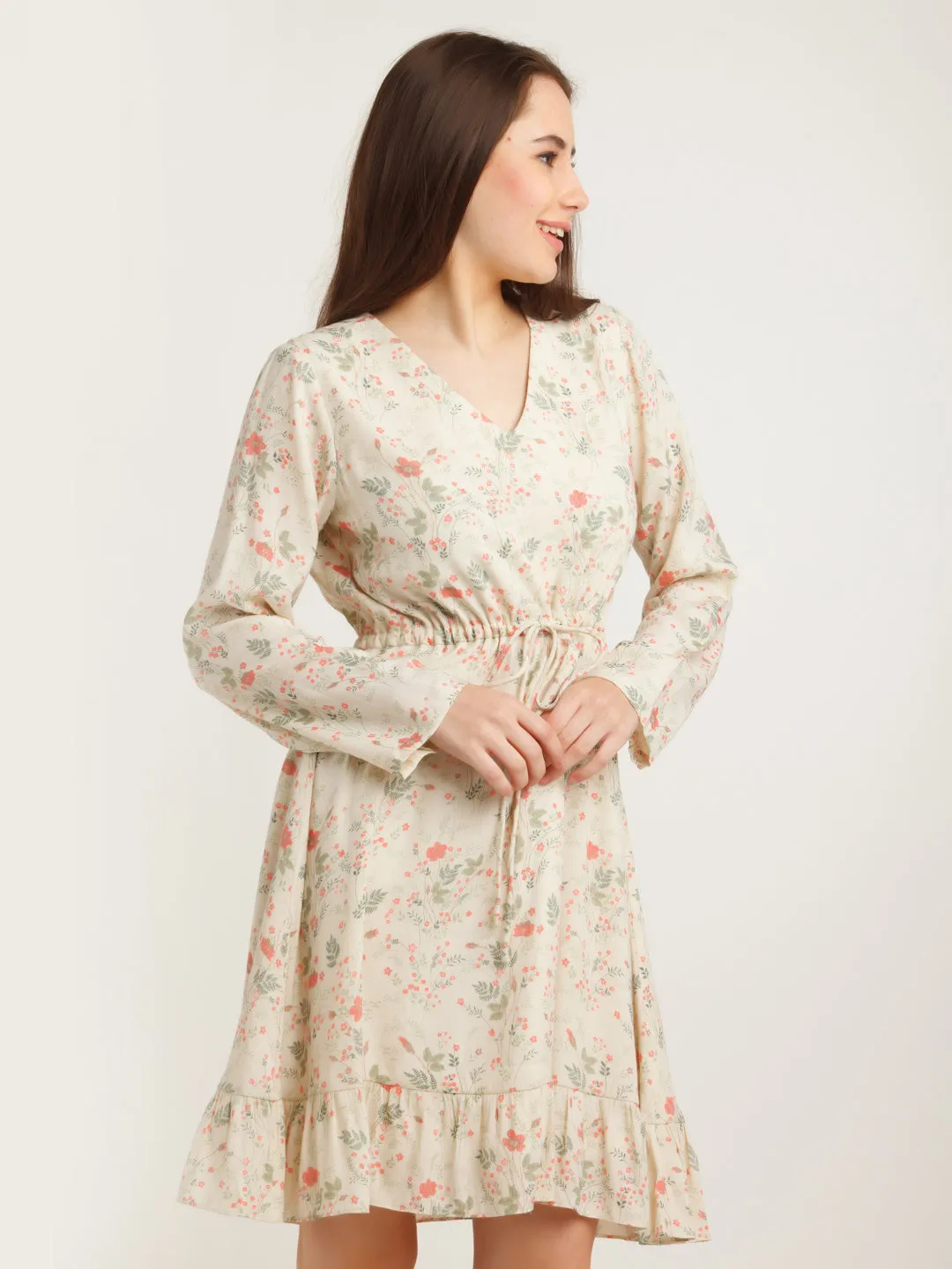 Beige Printed Tie-Up Short Dress