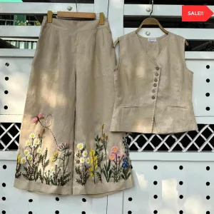 Biba Floral Embroidery Cord Set "Beige" (Top   Bottom)