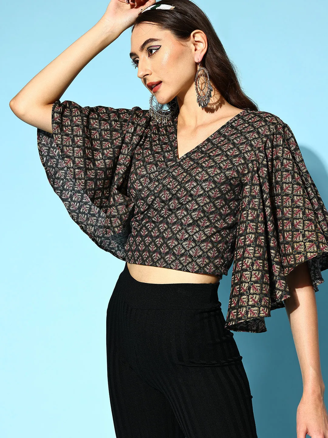 Black Foil Print Bell Sleeves Top