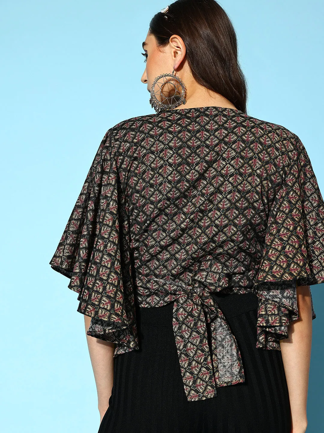 Black Foil Print Bell Sleeves Top