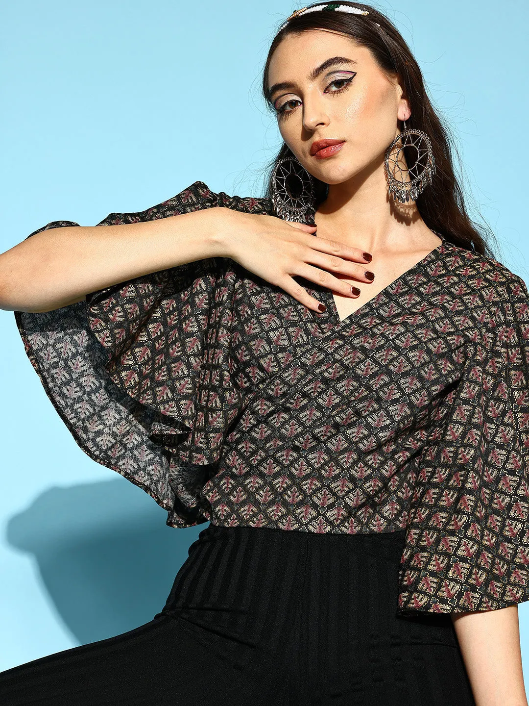 Black Foil Print Bell Sleeves Top