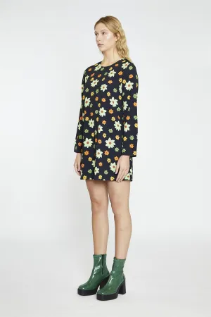 Black-Green-Flower Long-Sleeve Mini-dress