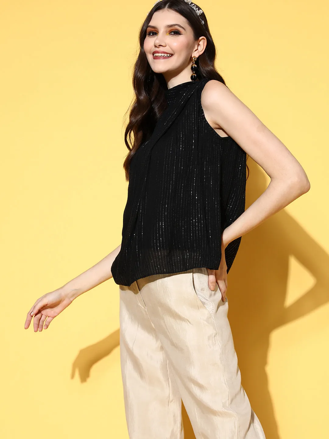 Black Lurex Tie Up Top