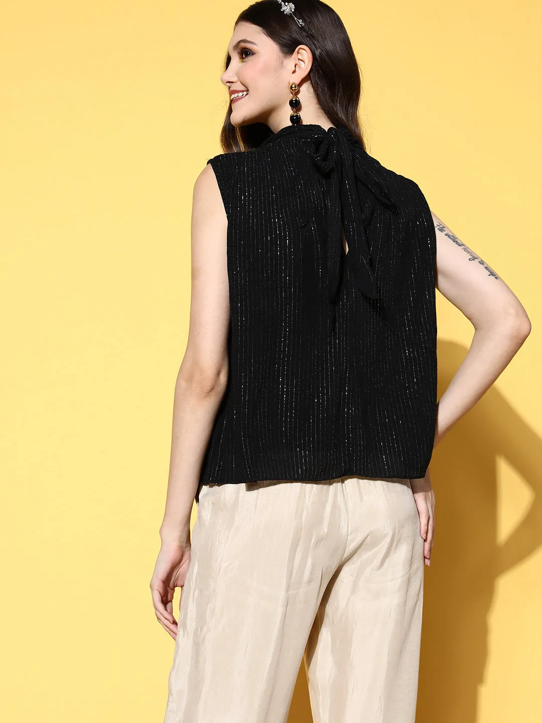 Black Lurex Tie Up Top