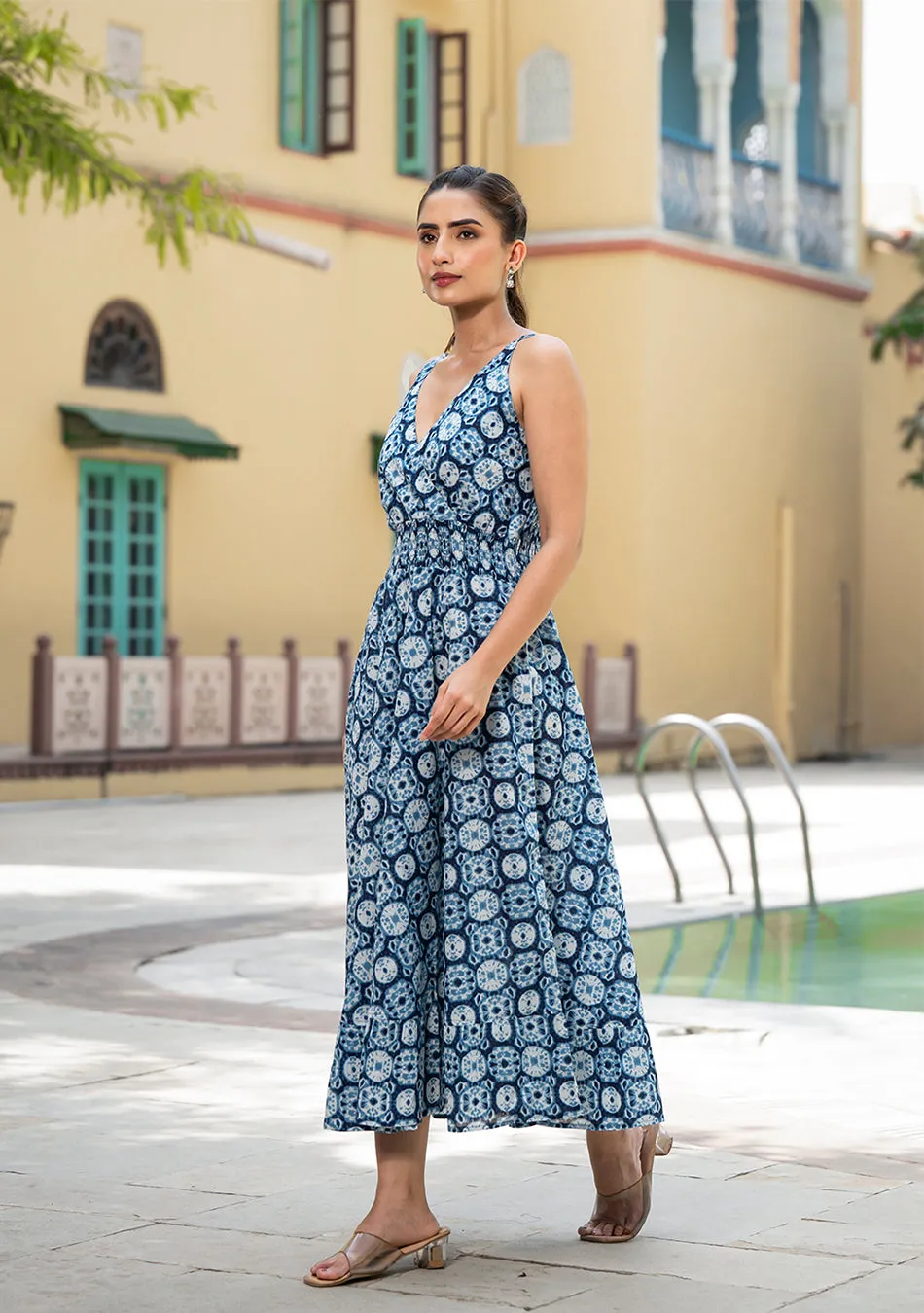 Blue Floral Print Pure Cotton Fit & Flare Dress