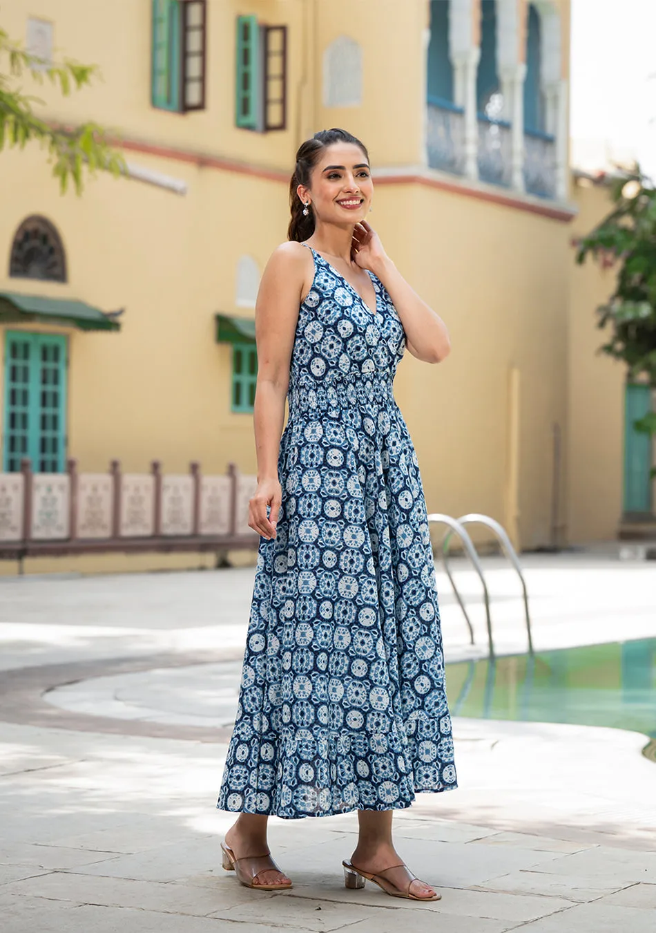 Blue Floral Print Pure Cotton Fit & Flare Dress