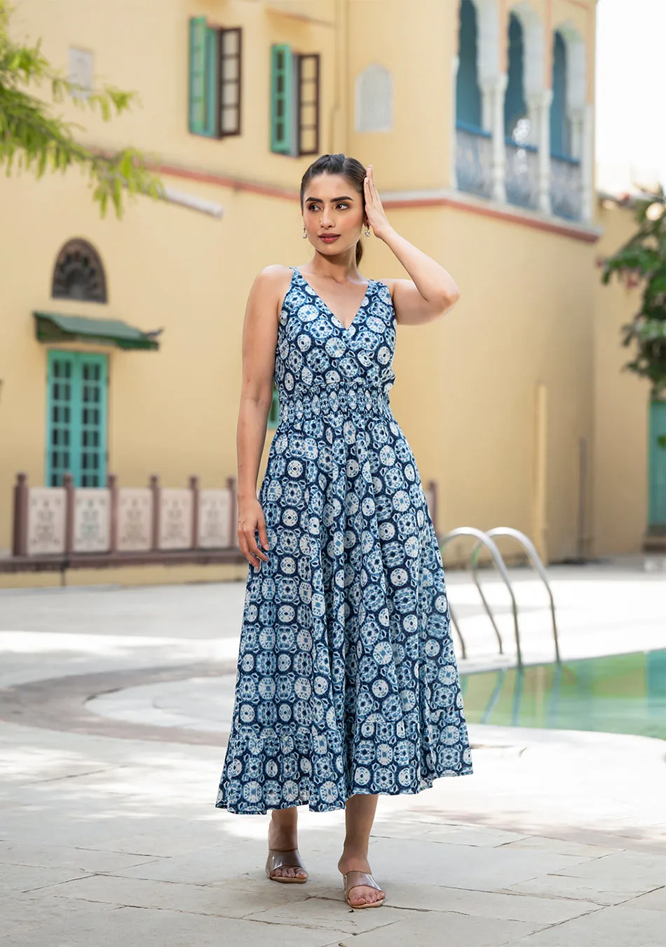 Blue Floral Print Pure Cotton Fit & Flare Dress
