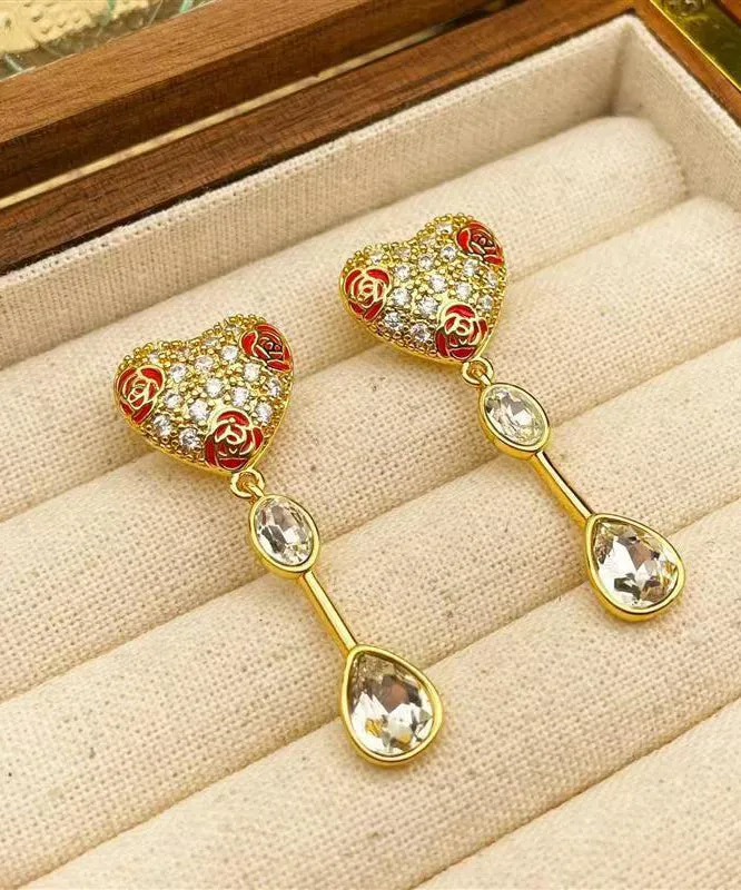 Boutique Gold Copper Overgild Zircon Drop Glaze Floral Love Glass Tassel Drop Earrings