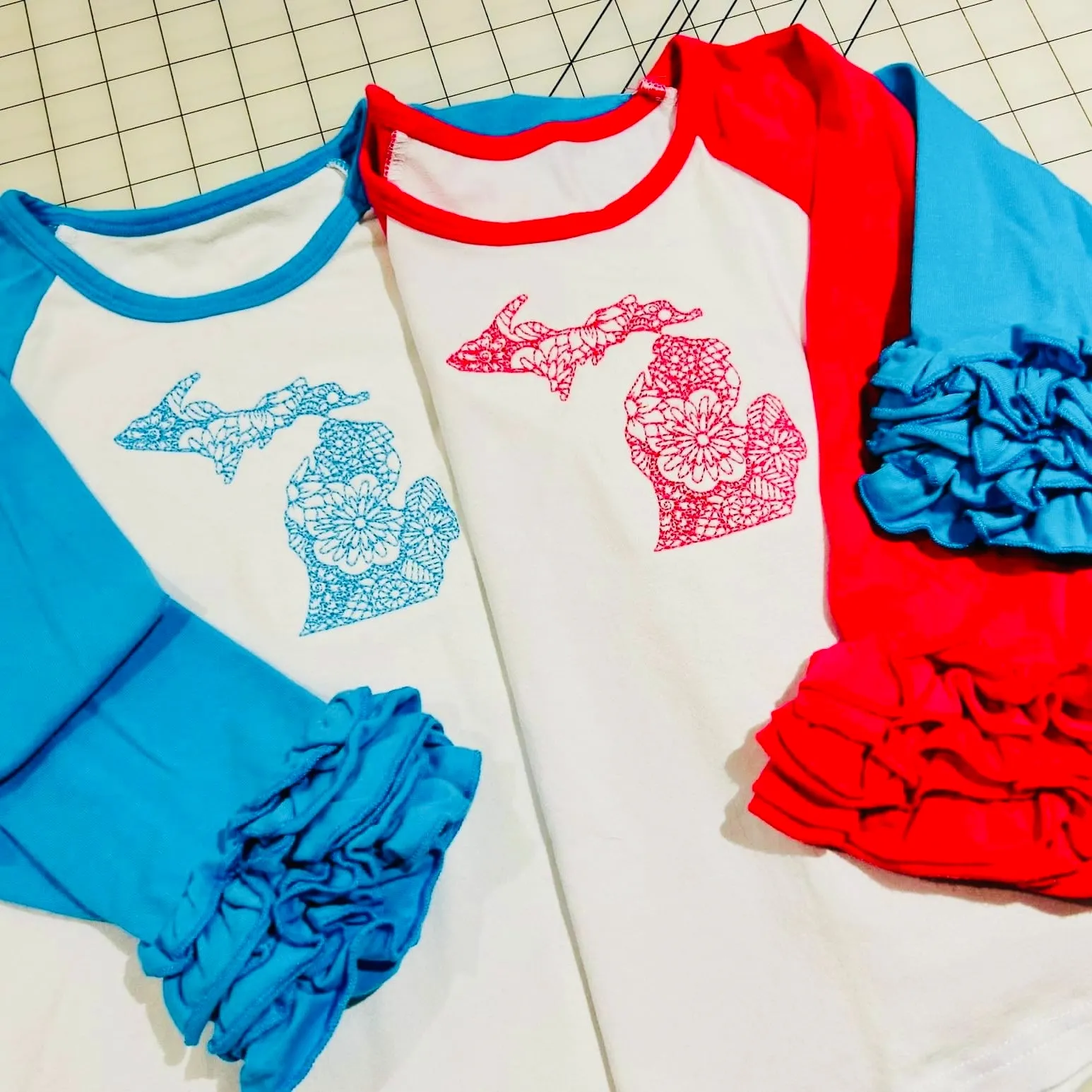 Boutique Ruffle Girl Top Size 4 Red White Michigan Embroidered Top