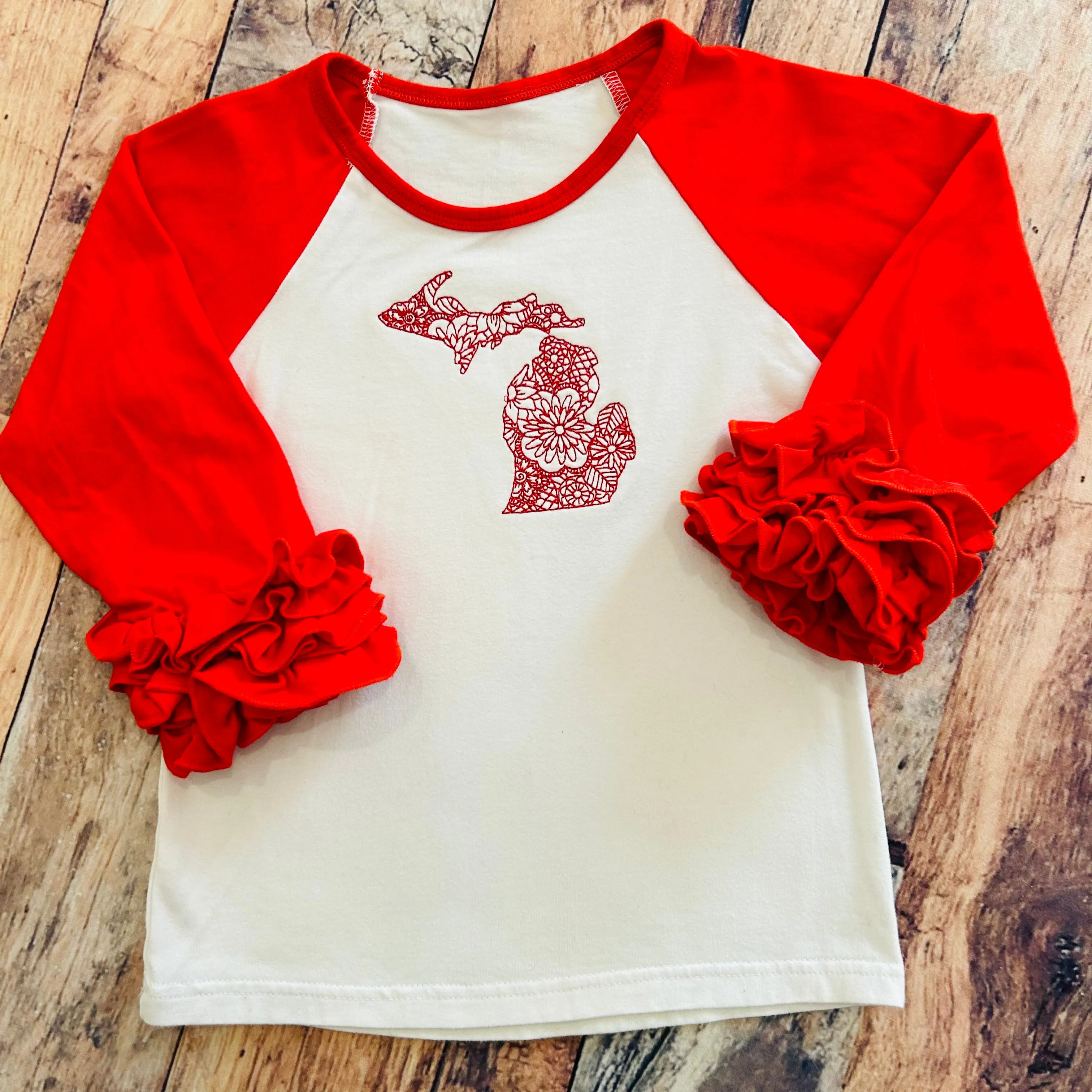 Boutique Ruffle Girl Top Size 4 Red White Michigan Embroidered Top