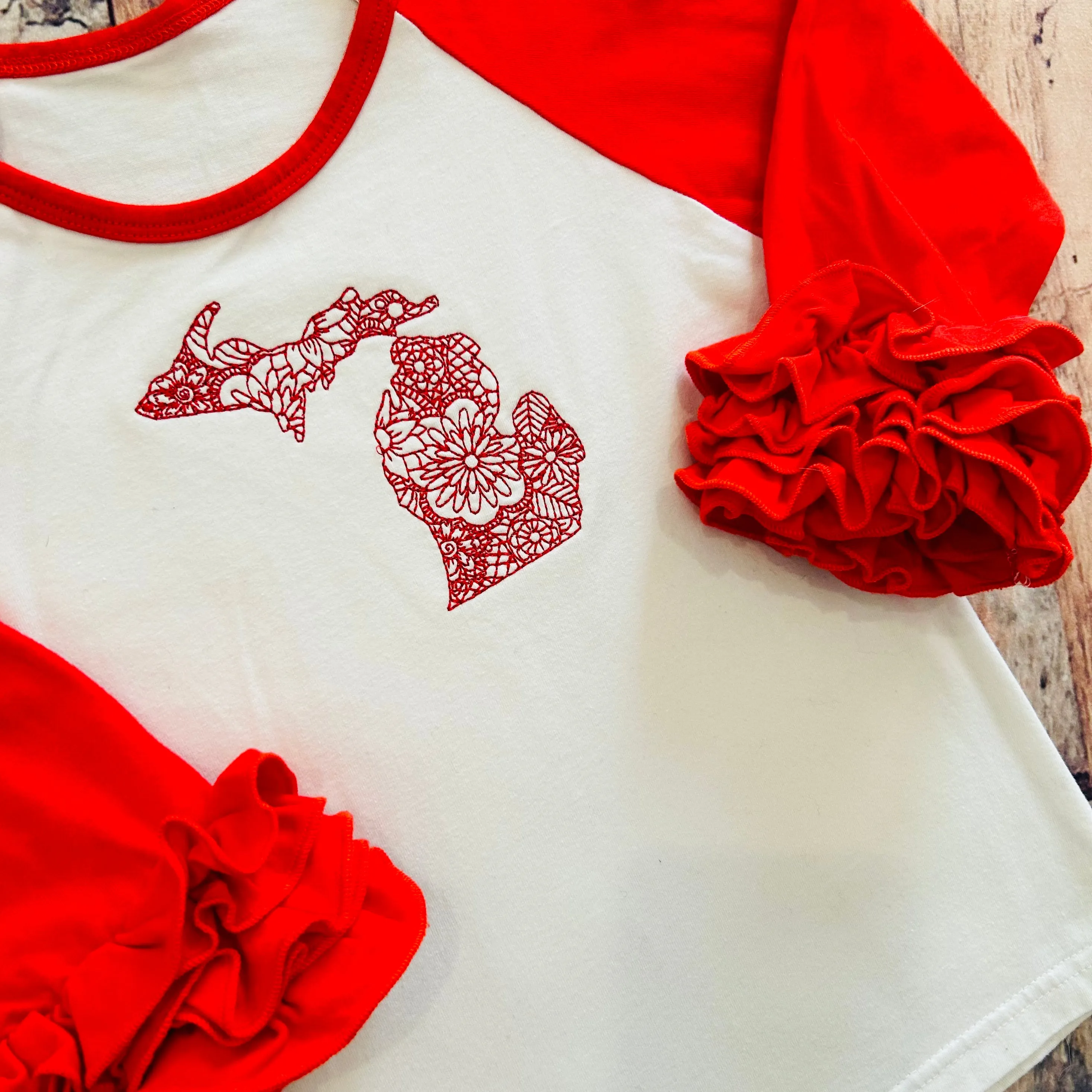 Boutique Ruffle Girl Top Size 4 Red White Michigan Embroidered Top