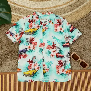 Boys Flower & Car Printed Shirt Off White Green