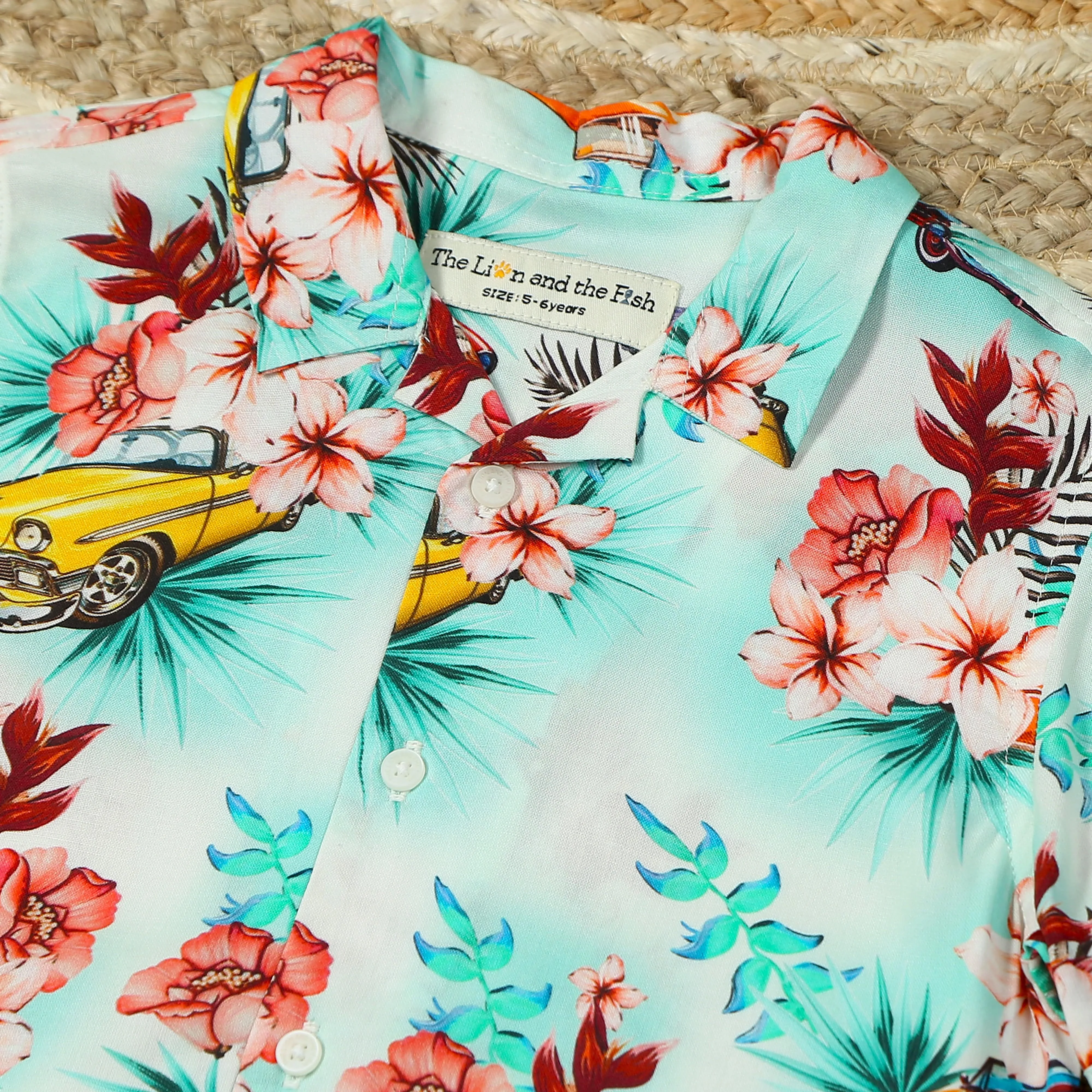 Boys Flower & Car Printed Shirt Off White Green