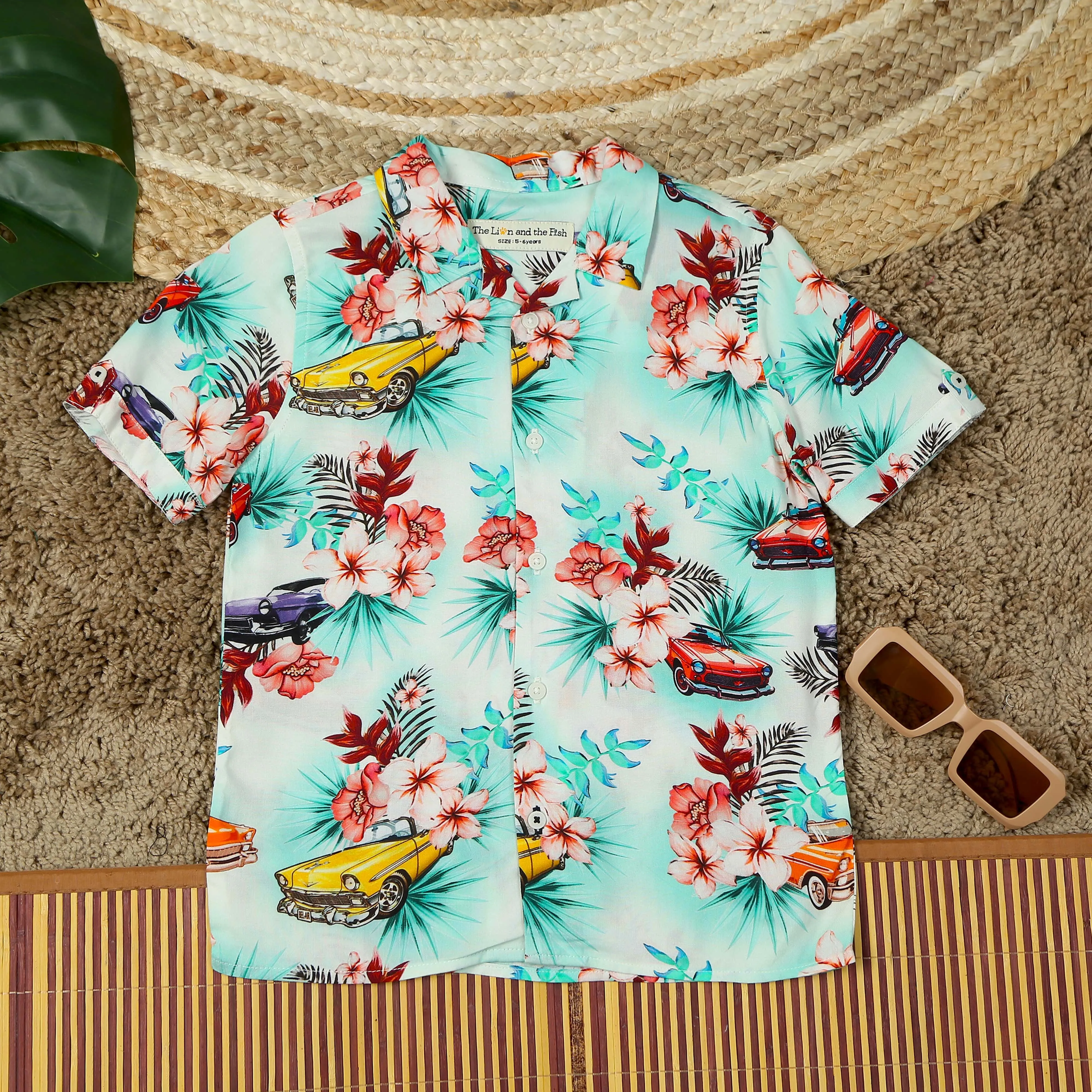 Boys Flower & Car Printed Shirt Off White Green