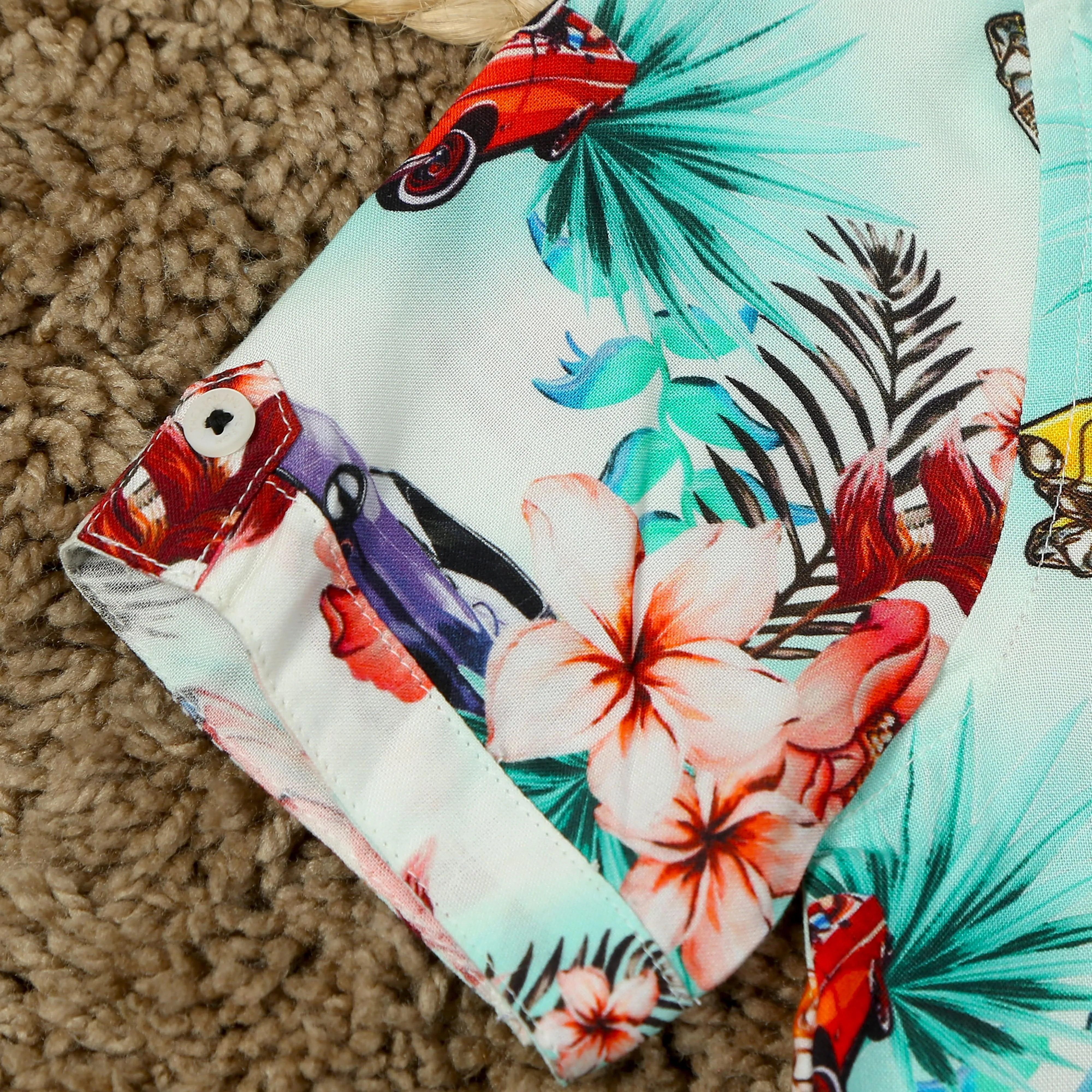 Boys Flower & Car Printed Shirt Off White Green