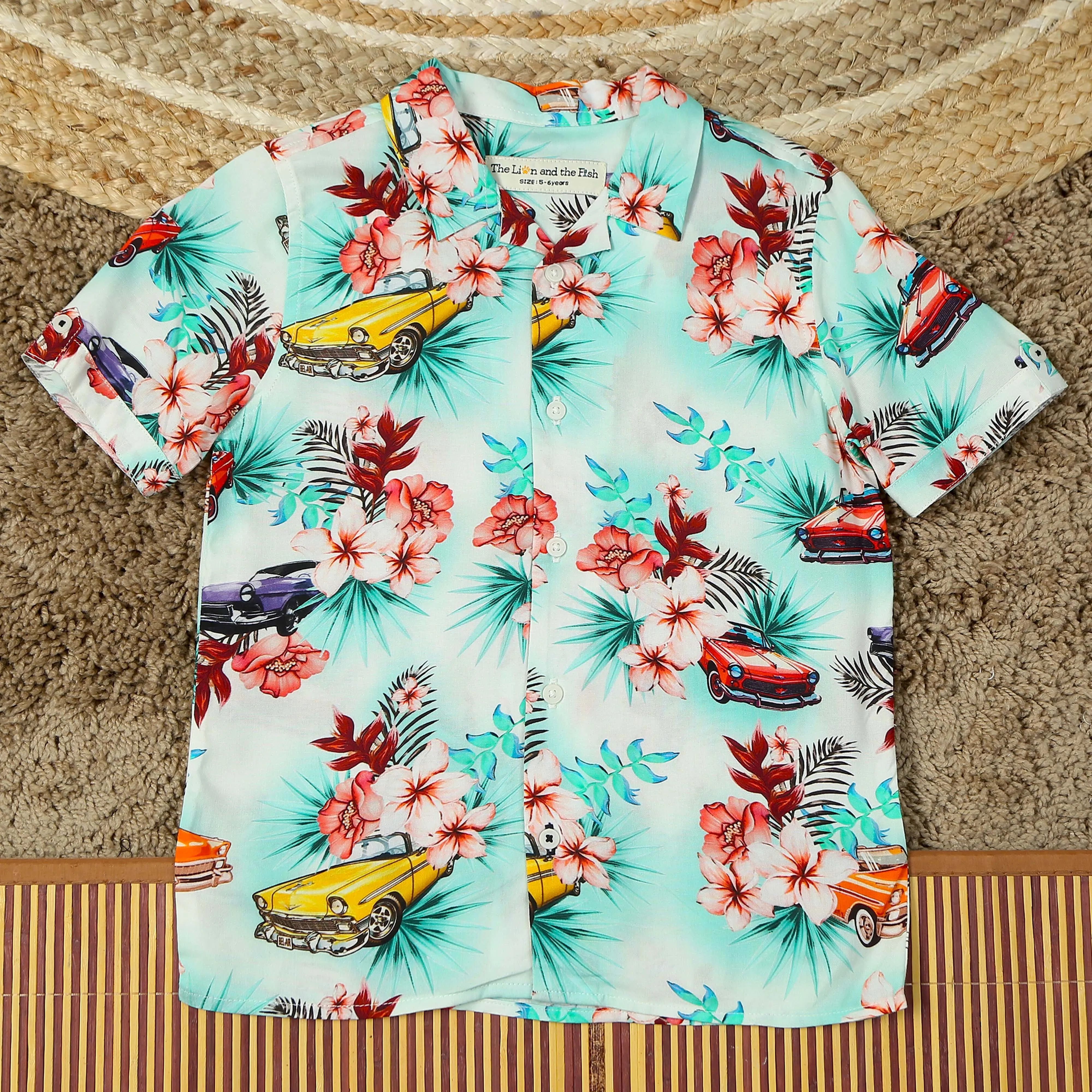 Boys Flower & Car Printed Shirt Off White Green
