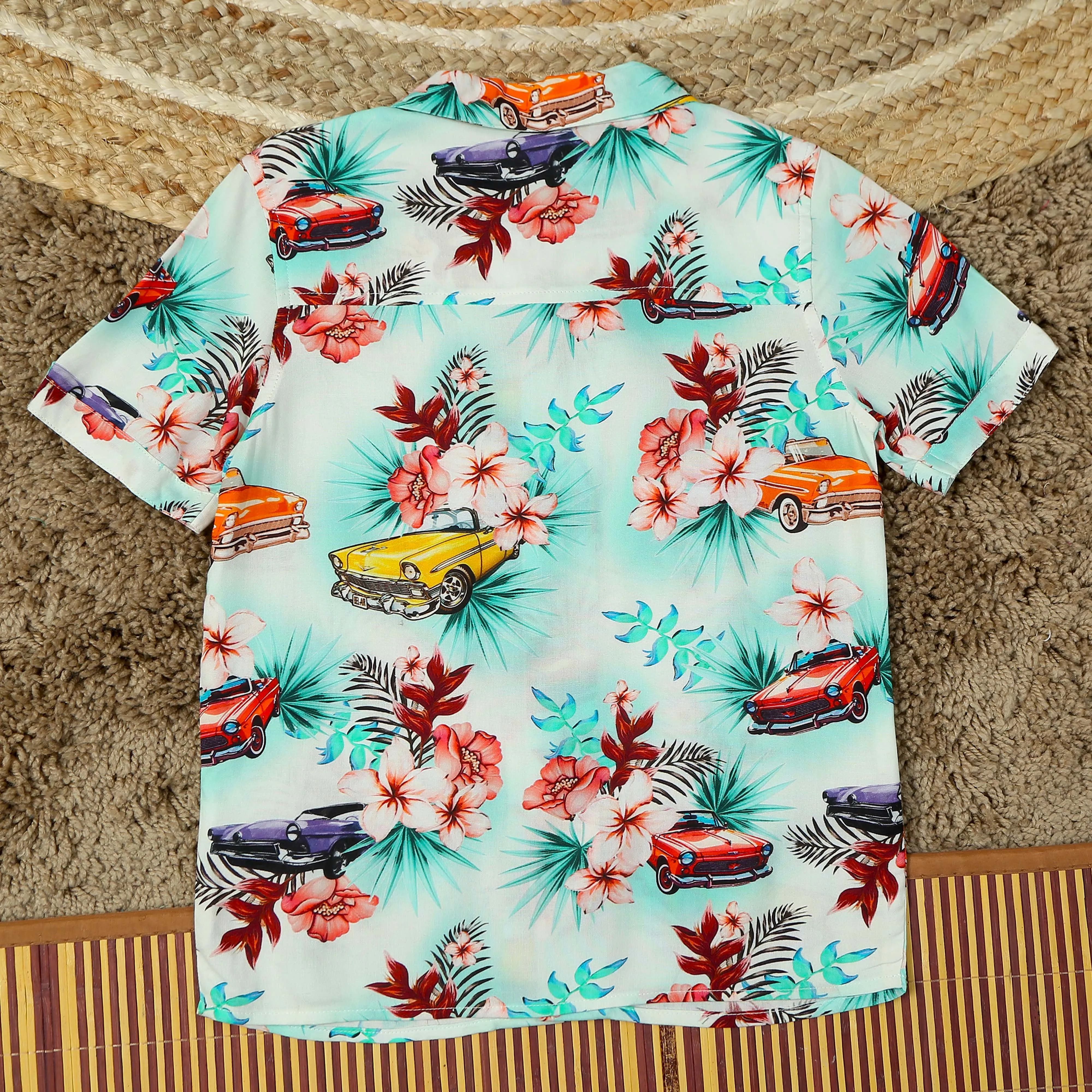 Boys Flower & Car Printed Shirt Off White Green
