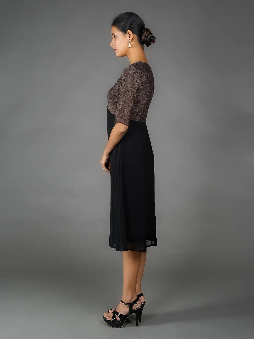 Bronze Solid Shimmer A Line Midi Dress