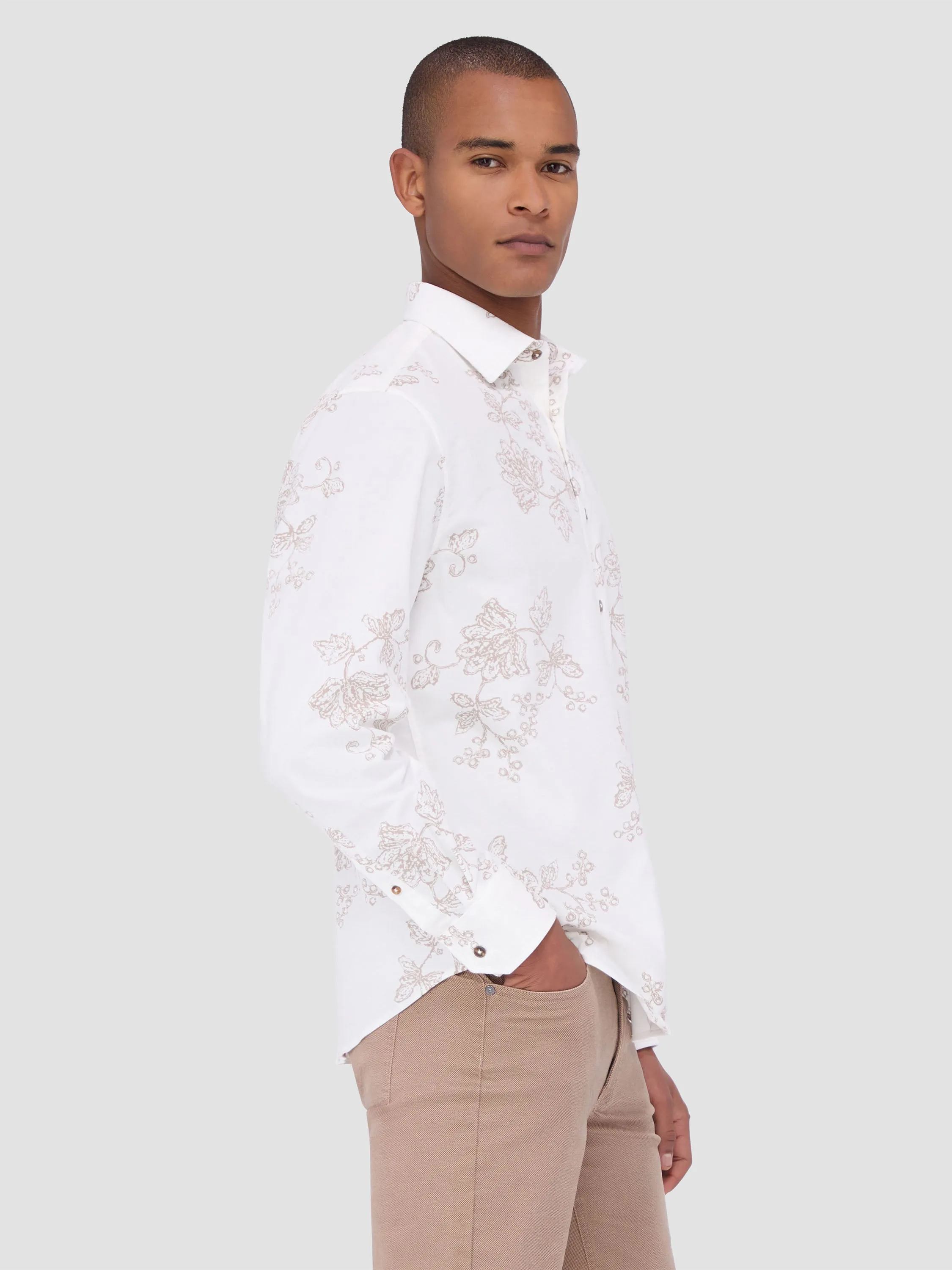Bugatchi Woven Julian Long Sleeve Shirt - Chalk