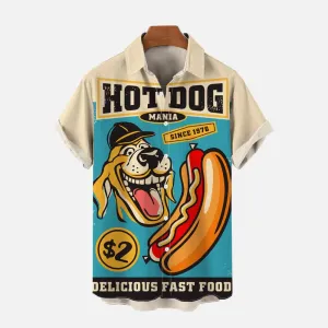 Cartoon Hot Dog Print Casual Oversized Short-Sleeved Shirt