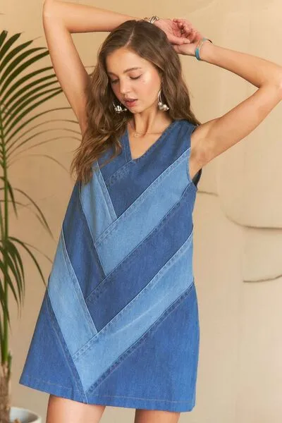 Chevron Color V-Neck Denim Dress