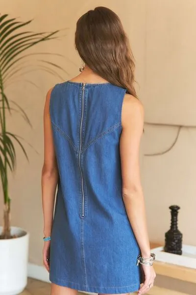 Chevron Color V-Neck Denim Dress