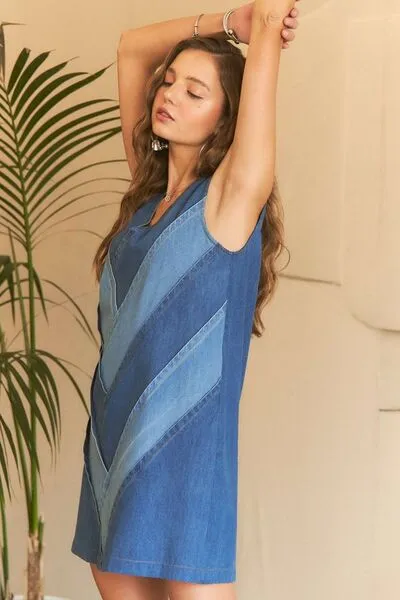 Chevron Color V-Neck Denim Dress