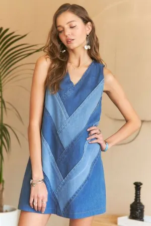 Chevron Color V-Neck Denim Dress