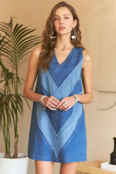 Chevron Color V-Neck Denim Dress