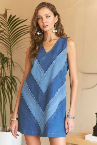 Chevron Color V-Neck Denim Dress
